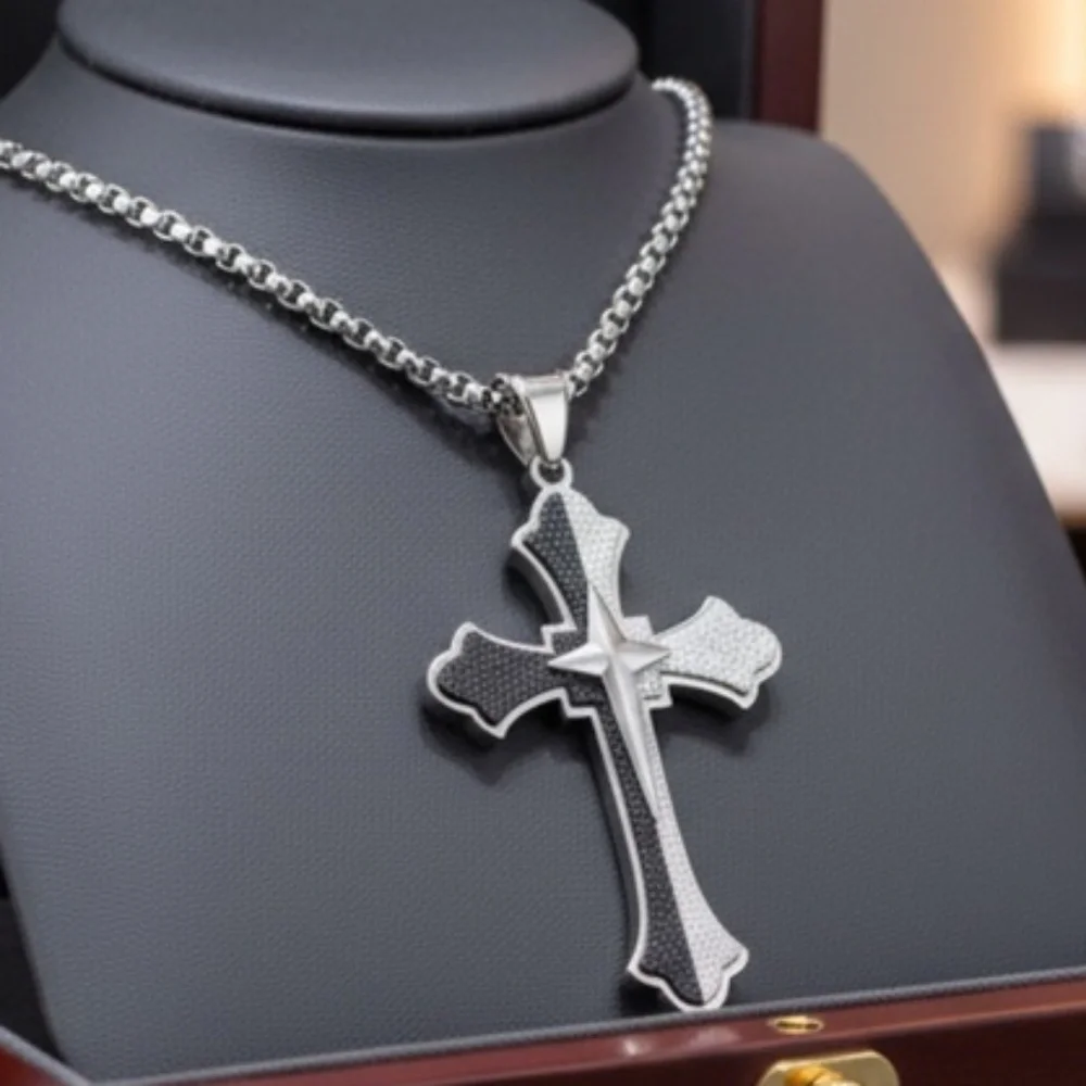 Mens Sliver Cross Pendant Necklace Stainless Steel Titanium‎ Black 24